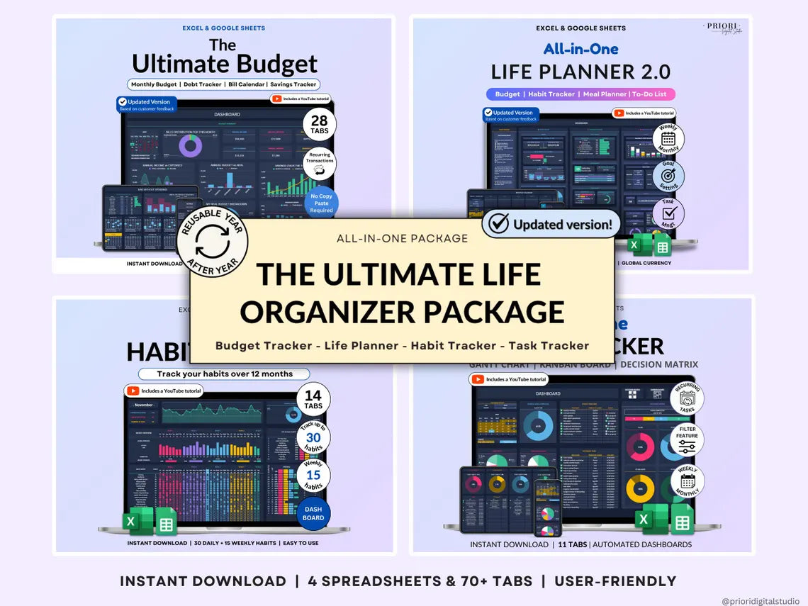 Life Planner Google Sheets Dark Mode | Budget Tracker, Habit Tracker, Organization